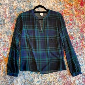 Blue & Green Plaid Sheer Long Sleeve Blouse